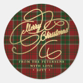 Kerstmis gouden script rood groen geruit tartan ronde sticker (Voorkant)