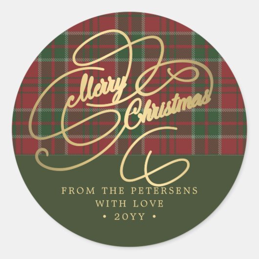 Kerstmis gouden script rood groen ruit ronde sticker (Voorkant)