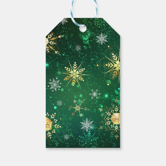 Kerstmis Gouden Sneeuwvlokken op Groene Achtergron Cadeaulabel (Achterkant)