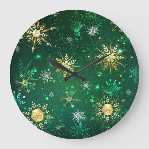 Kerstmis Gouden Sneeuwvlokken op Groene Achtergron Grote Klok