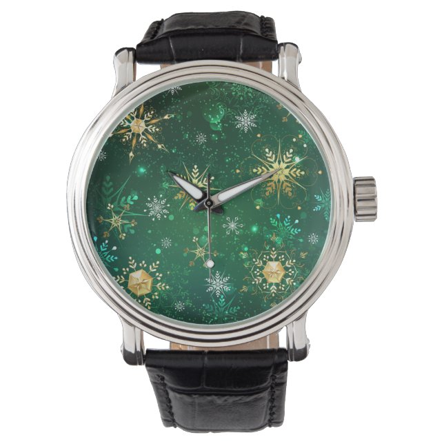 Kerstmis Gouden Sneeuwvlokken op Groene Achtergron Horloge (Voorkant)
