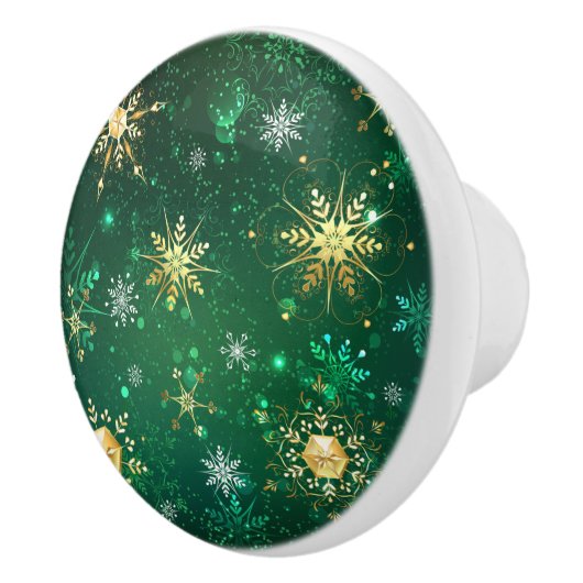 Kerstmis Gouden Sneeuwvlokken op Groene Achtergron Keramische Knop (Rechts)