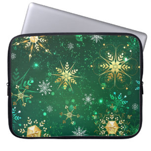Kerstmis Gouden Sneeuwvlokken op Groene Achtergron Laptop Sleeve