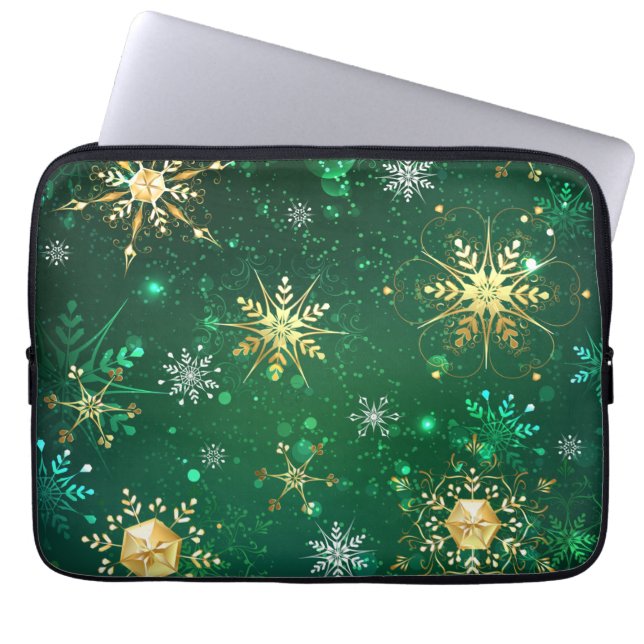 Kerstmis Gouden Sneeuwvlokken op Groene Achtergron Laptop Sleeve (Voorkant)