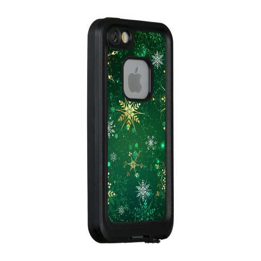 Kerstmis Gouden Sneeuwvlokken op Groene Achtergron LifeProof iPhone Hoesje (Achterkant / rechts)