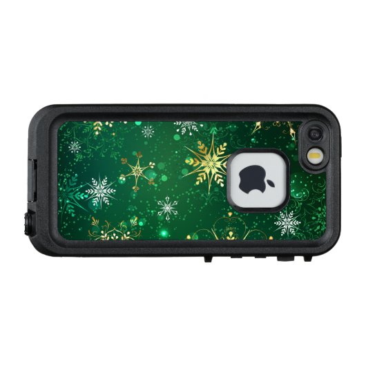 Kerstmis Gouden Sneeuwvlokken op Groene Achtergron LifeProof iPhone Hoesje (Achterkant (horizontaal))