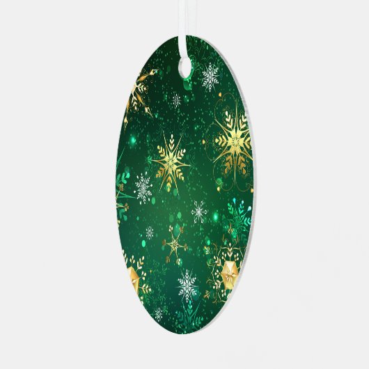 Kerstmis Gouden Sneeuwvlokken op Groene Achtergron Metalen Ornament (Voorkant links)