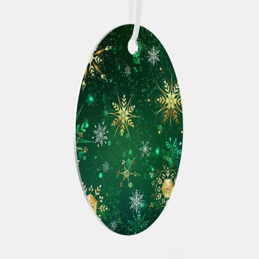 Kerstmis Gouden Sneeuwvlokken op Groene Achtergron Metalen Ornament (Voorkant Rechts)
