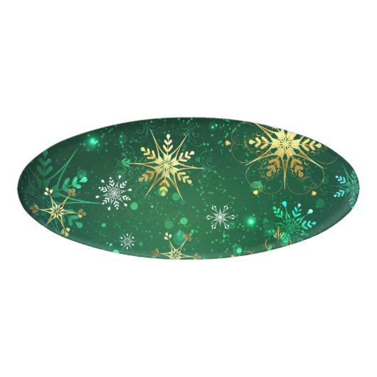 Kerstmis Gouden Sneeuwvlokken op Groene Achtergron Naambadge (Voorkant)