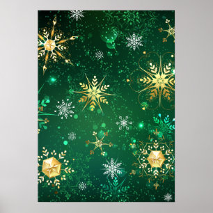Kerstmis Gouden Sneeuwvlokken op Groene Achtergron Poster