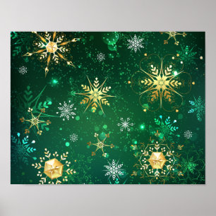 Kerstmis Gouden Sneeuwvlokken op Groene Achtergron Poster