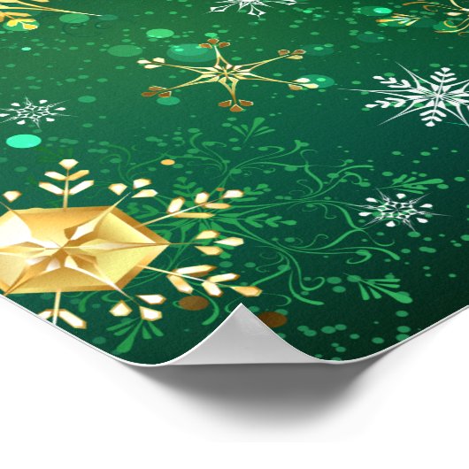 Kerstmis Gouden Sneeuwvlokken op Groene Achtergron Poster (Hoek)