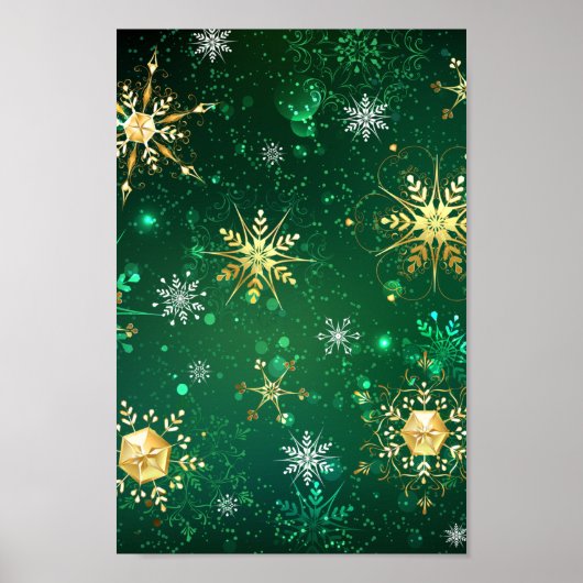 Kerstmis Gouden Sneeuwvlokken op Groene Achtergron Poster (Voorkant)