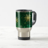 Kerstmis Gouden Sneeuwvlokken op Groene Achtergron Reisbeker (Voorkant rechts)