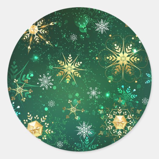 Kerstmis Gouden Sneeuwvlokken op Groene Achtergron Ronde Sticker (Voorkant)