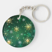 Kerstmis Gouden Sneeuwvlokken op Groene Achtergron Sleutelhanger (Achterkant)
