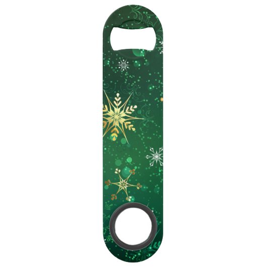 Kerstmis Gouden Sneeuwvlokken op Groene Achtergron Speed Flessenopener (Voorkant)