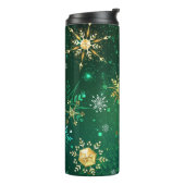 Kerstmis Gouden Sneeuwvlokken op Groene Achtergron Thermosbeker (Gedraaid links)