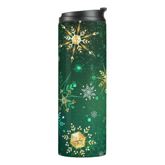 Kerstmis Gouden Sneeuwvlokken op Groene Achtergron Thermosbeker (Gedraaid links)