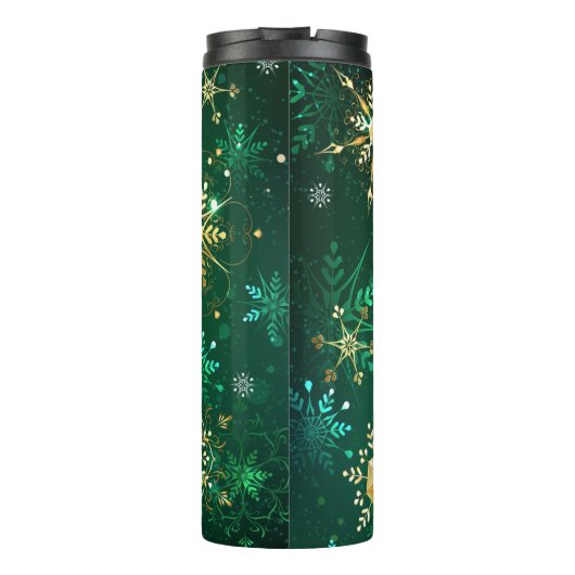 Kerstmis Gouden Sneeuwvlokken op Groene Achtergron Thermosbeker (Achterkant)