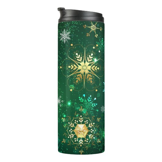 Kerstmis Gouden Sneeuwvlokken op Groene Achtergron Thermosbeker (Geroteerd rechts)