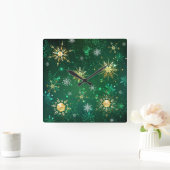 Kerstmis Gouden Sneeuwvlokken op Groene Achtergron Vierkante Klok (Huis)