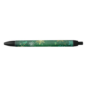 Kerstmis Gouden Sneeuwvlokken op Groene Achtergron Zwarte Inkt Pen