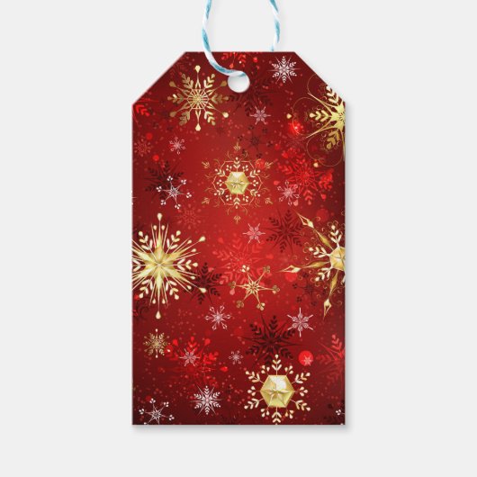 Kerstmis Gouden Sneeuwvlokken op Rode Achtergrond Cadeaulabel (Voorkant)