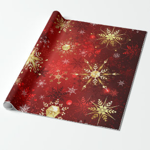 Kerstmis Gouden Sneeuwvlokken op Rode Achtergrond Cadeaupapier