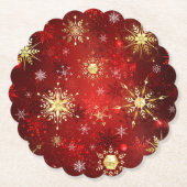 Kerstmis Gouden Sneeuwvlokken op Rode Achtergrond Kartonnen Onderzetters (Voorkant)