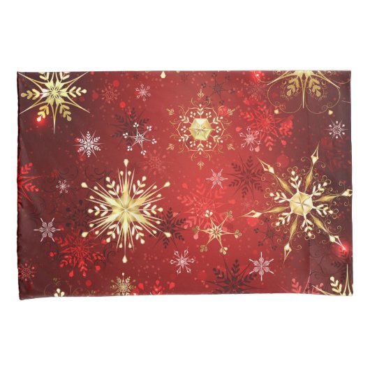 Kerstmis Gouden Sneeuwvlokken op Rode Achtergrond Kussensloop (Voorkant-Rechts)