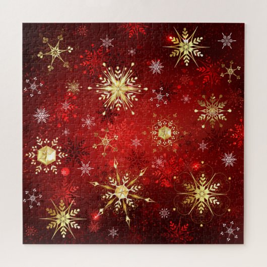 Kerstmis Gouden Sneeuwvlokken op Rode Achtergrond Legpuzzel (Horizontaal)