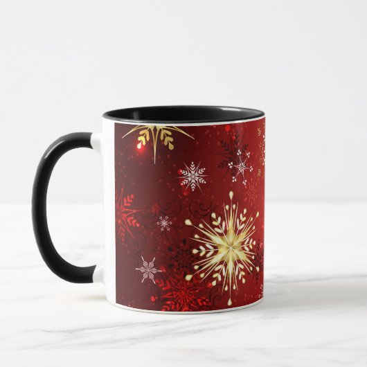 Kerstmis Gouden Sneeuwvlokken op Rode Achtergrond Mok (Links)
