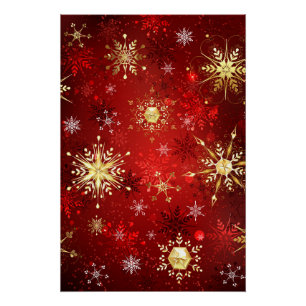 Kerstmis Gouden Sneeuwvlokken op Rode Achtergrond Perfect Poster