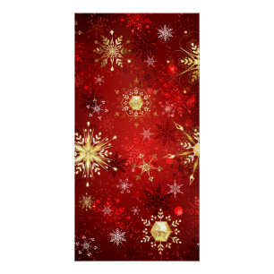 Kerstmis Gouden Sneeuwvlokken op Rode Achtergrond Perfect Poster