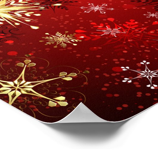 Kerstmis Gouden Sneeuwvlokken op Rode Achtergrond Poster (Hoek)
