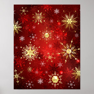Kerstmis Gouden Sneeuwvlokken op Rode Achtergrond Poster