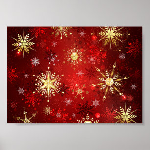 Kerstmis Gouden Sneeuwvlokken op Rode Achtergrond Poster