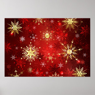 Kerstmis Gouden Sneeuwvlokken op Rode Achtergrond Poster