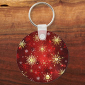 Kerstmis Gouden Sneeuwvlokken op Rode Achtergrond Sleutelhanger (Voorkant)