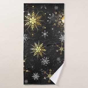 Kerstmis Gouden Sneeuwvlokken op Zwarte Achtergron Badhanddoek