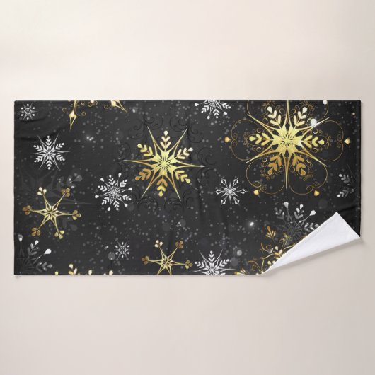 Kerstmis Gouden Sneeuwvlokken op Zwarte Achtergron Badhanddoek (Badhanddoek)