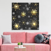 Kerstmis Gouden Sneeuwvlokken op Zwarte Achtergron Canvas Afdruk (Insitu (Woonkamer))
