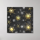 Kerstmis Gouden Sneeuwvlokken op Zwarte Achtergron Canvas Afdruk (Voorkant)