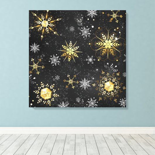 Kerstmis Gouden Sneeuwvlokken op Zwarte Achtergron Canvas Afdruk (Insitu (Houten vloer))