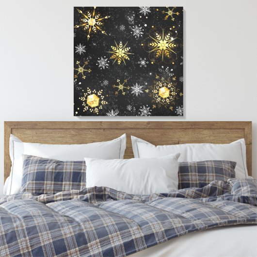 Kerstmis Gouden Sneeuwvlokken op Zwarte Achtergron Canvas Afdruk (Insitu (Slaapkamer))