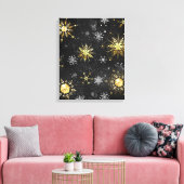 Kerstmis Gouden Sneeuwvlokken op Zwarte Achtergron Canvas Afdruk (Insitu (Woonkamer))