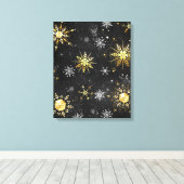 Kerstmis Gouden Sneeuwvlokken op Zwarte Achtergron Canvas Afdruk (Insitu (Houten vloer))