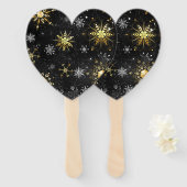 Kerstmis Gouden Sneeuwvlokken op Zwarte Achtergron Handwaaier (Voorkant en achterkant)