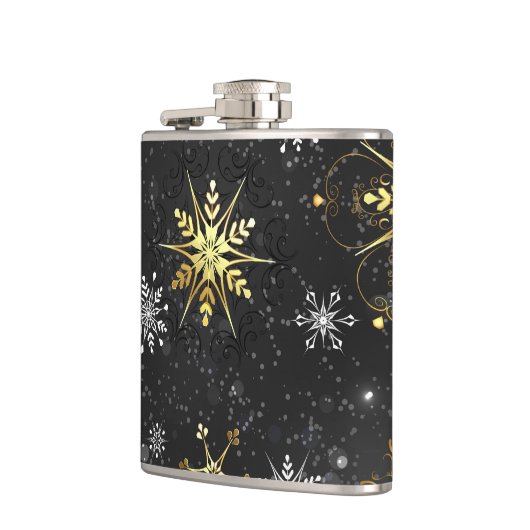 Kerstmis Gouden Sneeuwvlokken op Zwarte Achtergron Heupfles (Links)